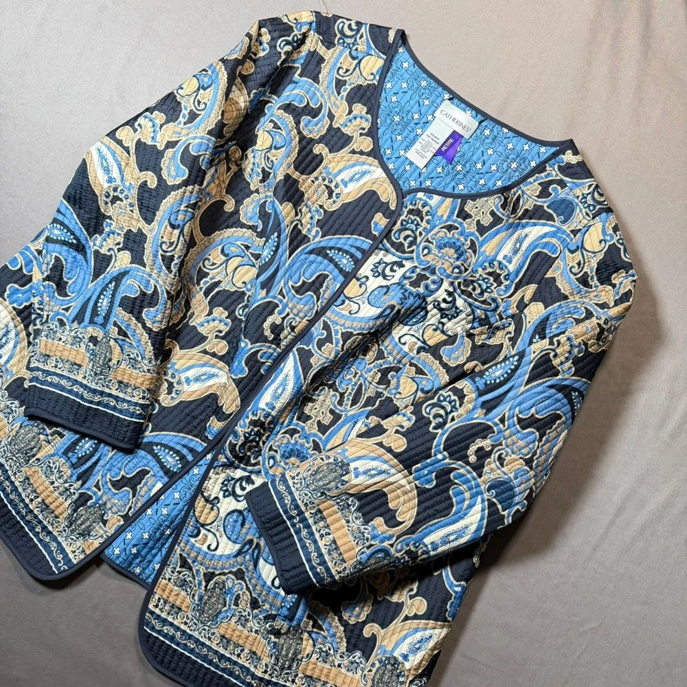Catherines Petite Paisley Quilted Open Front Jacket Blue Tan 0XWP‎ 14/16WP